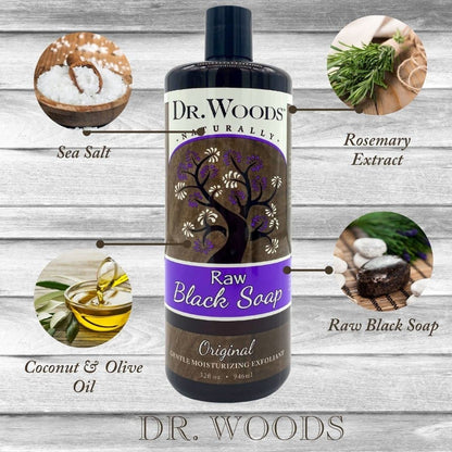 Dr. Woods Raw Liquid Black Soap - Natural Body Wash & Facial Cleanser for Men & Women, Gentle Exfoliant, 32 Fl Oz (Pack of 3) Avelisse