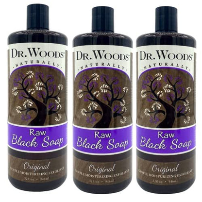 Dr. Woods Raw Liquid Black Soap - Natural Body Wash & Facial Cleanser for Men & Women, Gentle Exfoliant, 32 Fl Oz (Pack of 3) Avelisse