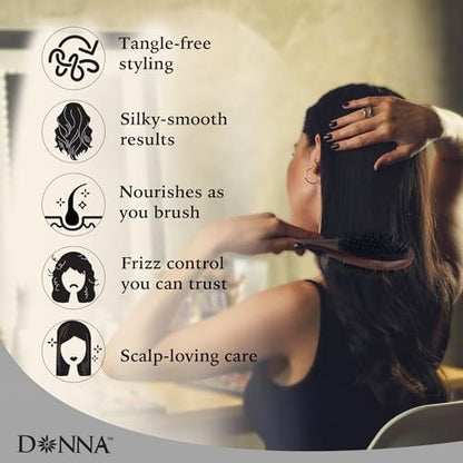 Donna Double Sided Styling Brush for Women - 100% Boar Bristles, Cushioned Wooden Detangling Brush for Wet Hair