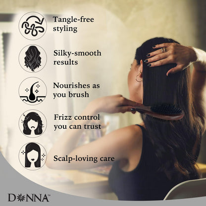 Donna Double Sided Styling Brush for Women - 100% Boar Bristles, Cushioned Wooden Detangling Brush for Wet Hair