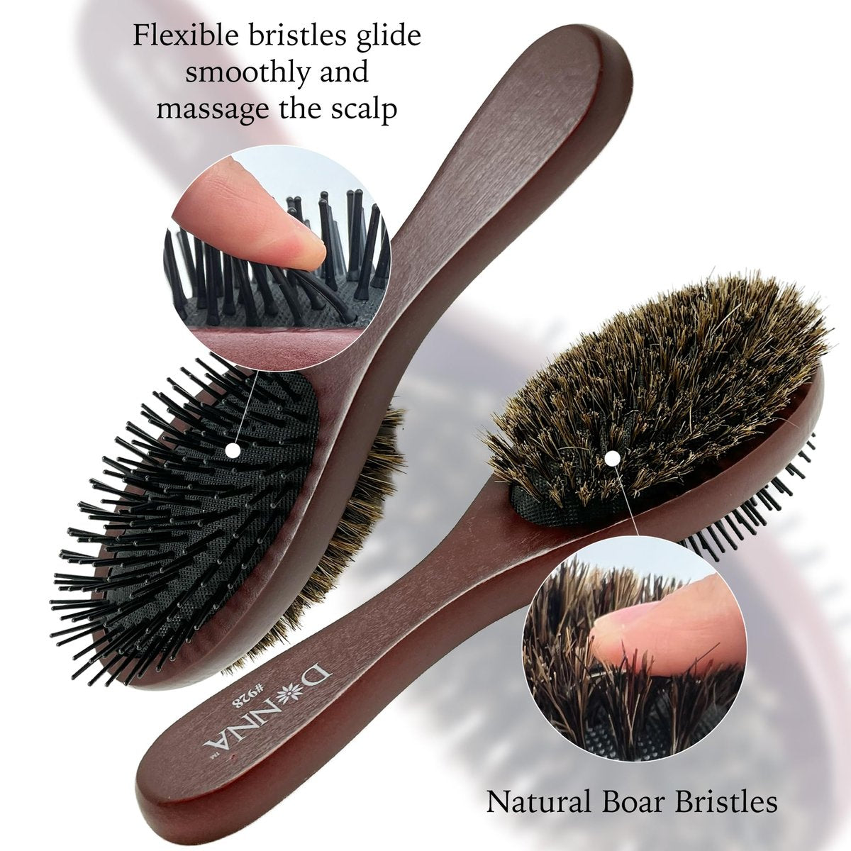 Donna Double Sided Styling Brush for Women - 100% Boar Bristles, Cushioned Wooden Detangling Brush for Wet Hair - görsel 5