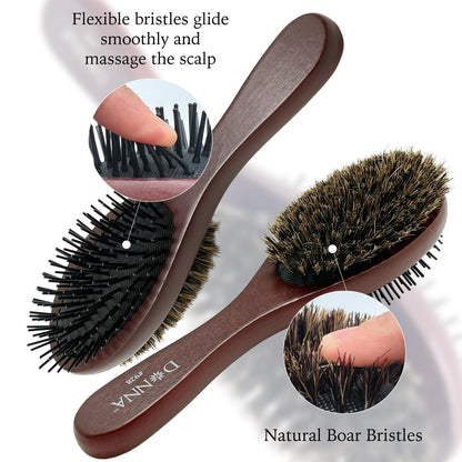 Donna Double Sided Styling Brush for Women - 100% Boar Bristles, Cushioned Wooden Detangling Brush for Wet Hair