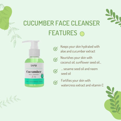 Sapo Cucumber Face Cleanser - Hydrating Gel Face Wash with Aloe Vera & Watercress Extract, Gentle pH-Balanced Daily Facial Cleanser for Sensitive Skin, Sulfate-Free & Paraben-Free, 4 oz Avelisse