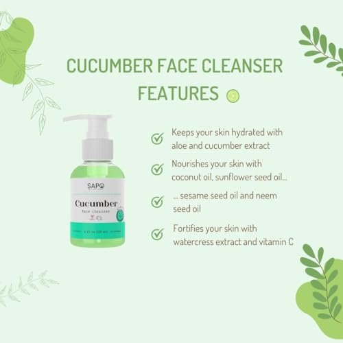 Sapo Cucumber Face Cleanser - Hydrating Gel Face Wash with Aloe Vera & Watercress Extract, Gentle pH-Balanced Daily Facial Cleanser for Sensitive Skin, Sulfate-Free & Paraben-Free, 4 oz Avelisse