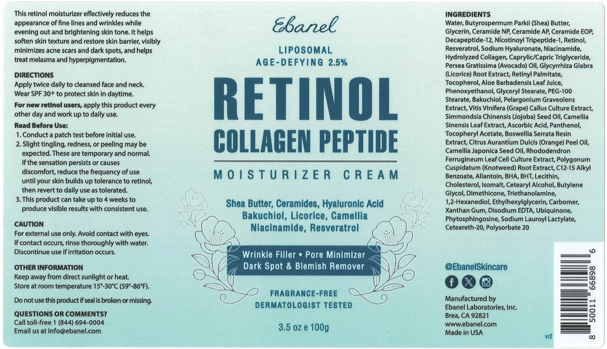 Ebanel Retinol Cream for Face 3.5 oz – Anti Aging Moisturizer with Collagen, Peptides, Ceramides, Hyaluronic Acid, Vitamin C & B5, Firming Day & Night Cream for Wrinkles, Fine Lines, Dark Spots Avelisse