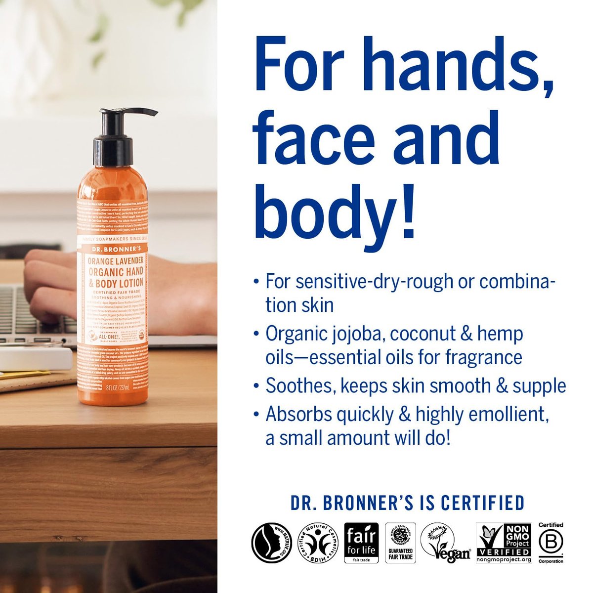Dr. Bronner's 3-in-1 Orange & Lavender Organic Hand and Body Lotion - 236ml, Fair Trade & Vegan Avelisse
