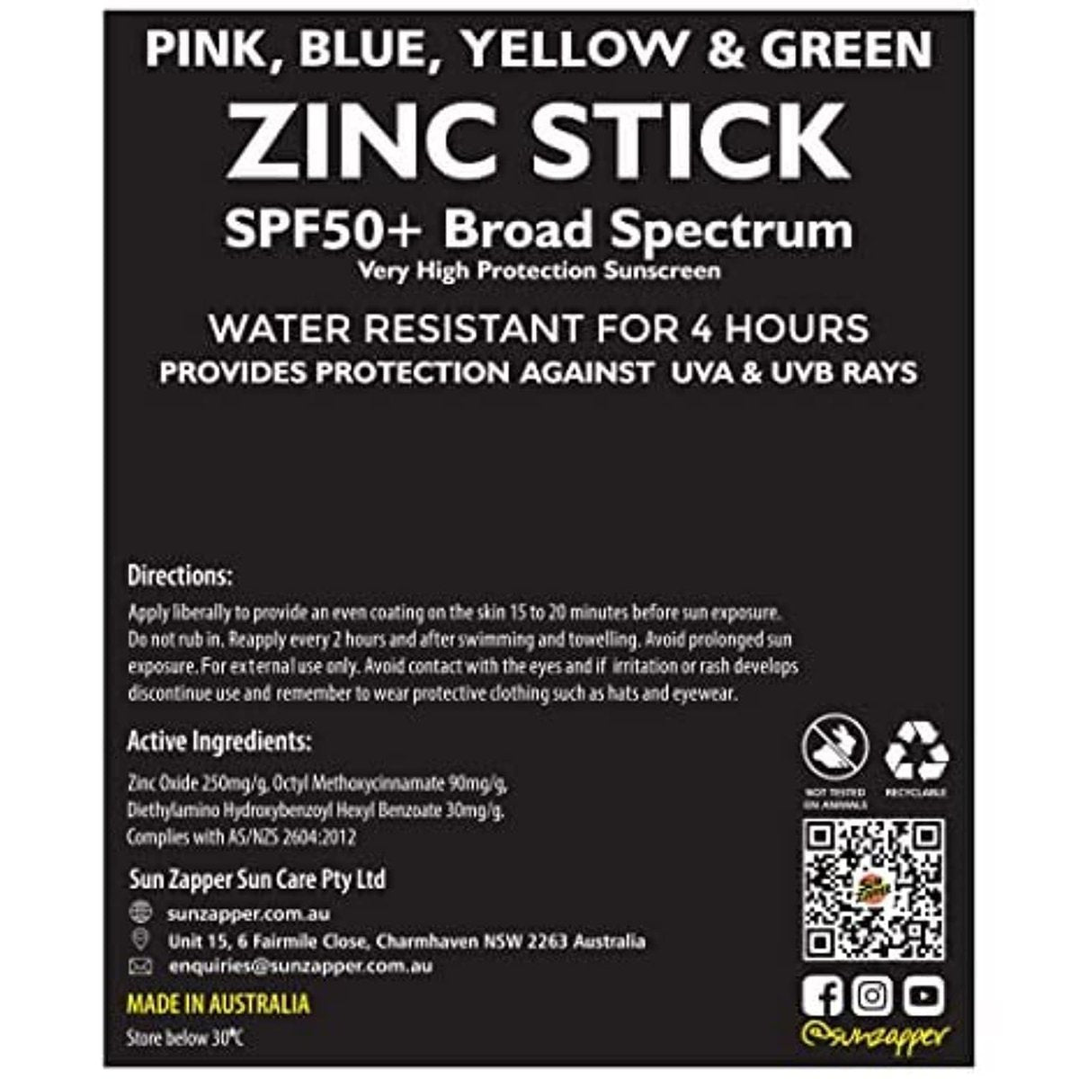 Sun Zapper Zinc Oxide Mineral Sunscreen Stick SPF 50+ – 4-Pack Rainbow Colors – Water Resistant for Face & Body – Made in Australia Avelisse