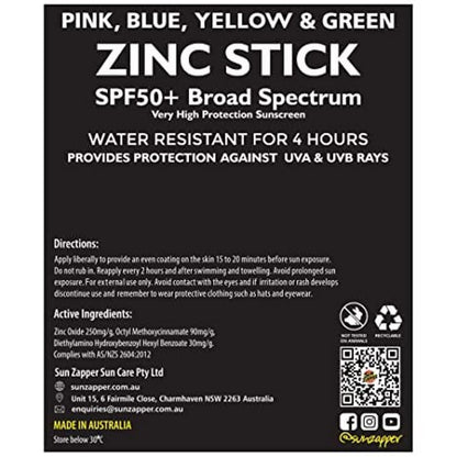 Sun Zapper Zinc Oxide Mineral Sunscreen Stick SPF 50+ – 4-Pack Rainbow Colors – Water Resistant for Face & Body – Made in Australia Avelisse