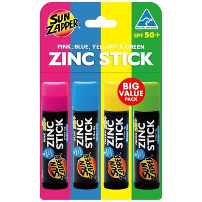 Sun Zapper Zinc Oxide Mineral Sunscreen Stick SPF 50+ – 4-Pack Rainbow Colors – Water Resistant for Face & Body – Made in Australia Avelisse