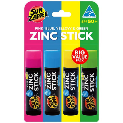 Sun Zapper Zinc Oxide Mineral Sunscreen Stick SPF 50+ – 4-Pack Rainbow Colors – Water Resistant for Face & Body – Made in Australia Avelisse