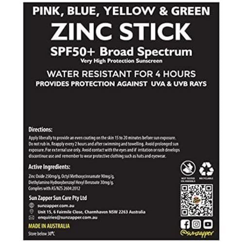 Sun Zapper Zinc Oxide Mineral Sunscreen Stick SPF 50+ – 4-Pack Rainbow Colors – Water Resistant for Face & Body – Made in Australia Avelisse