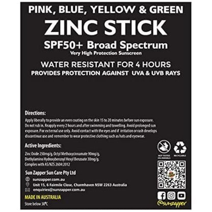 Sun Zapper Zinc Oxide Mineral Sunscreen Stick SPF 50+ – 4-Pack Rainbow Colors – Water Resistant for Face & Body – Made in Australia Avelisse
