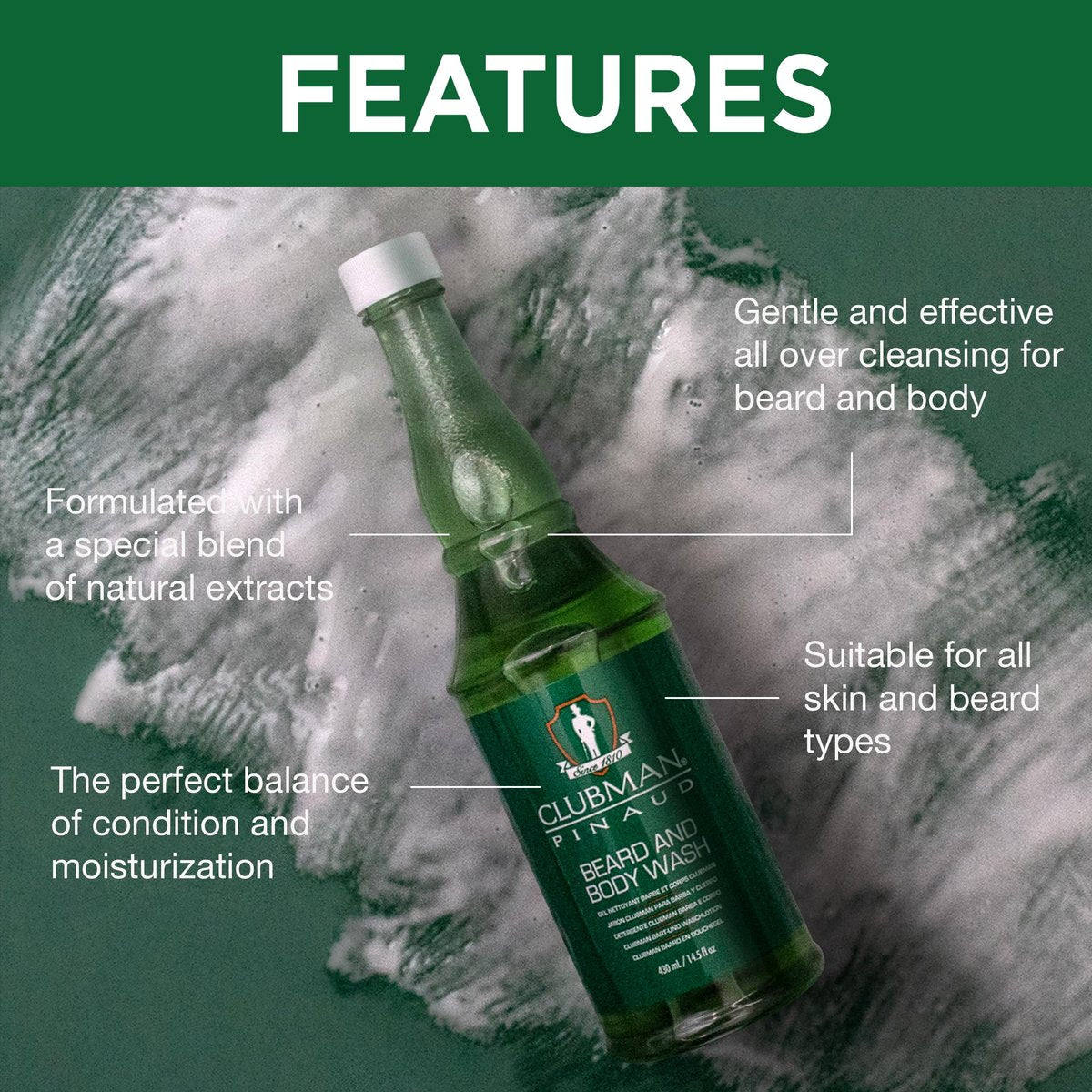 Clubman Pinaud Beard and Body Wash – Refreshing Dual-Purpose Cleanser for Beard and Skin, 14.5 fl oz Avelisse