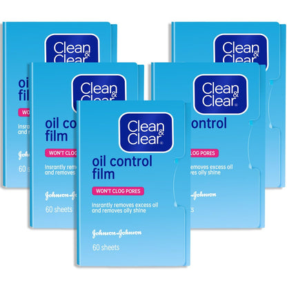 Clean & Clear Oil Control Film - 5 Pack of 60 Sheets (300 Sheets Total) - Blue