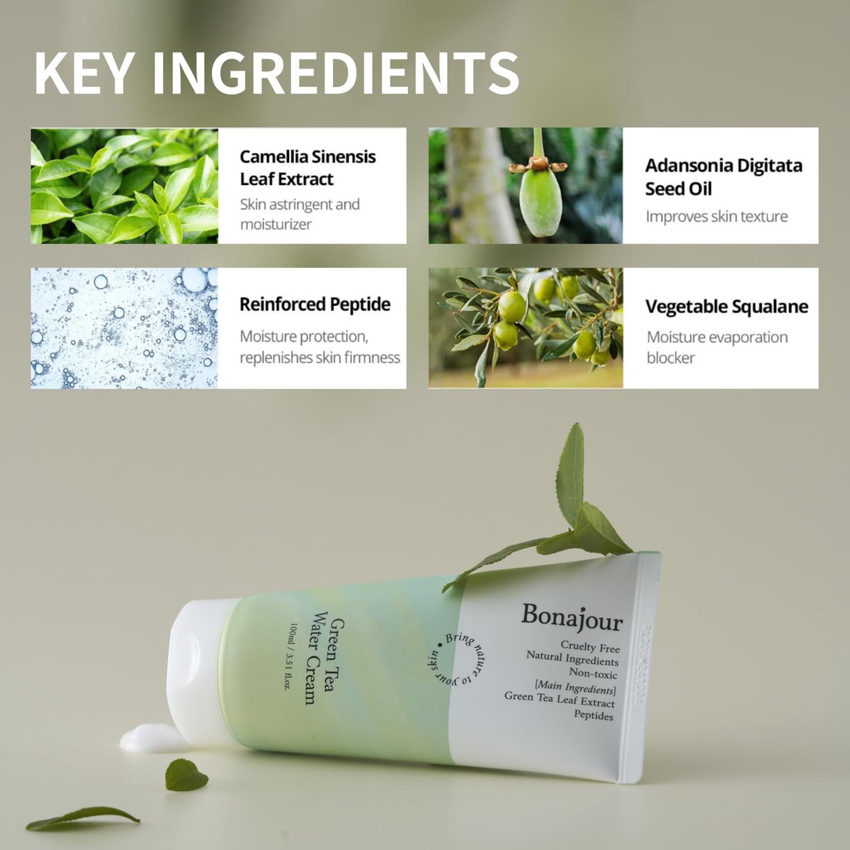 BONAJOUR Green Tea Water Cream - Vegan Moisturizing Facial Gel Cream for Sensitive Skin, Daily Hydrating Water Bomb Moisturizer, 3.38 Fl Oz Avelisse