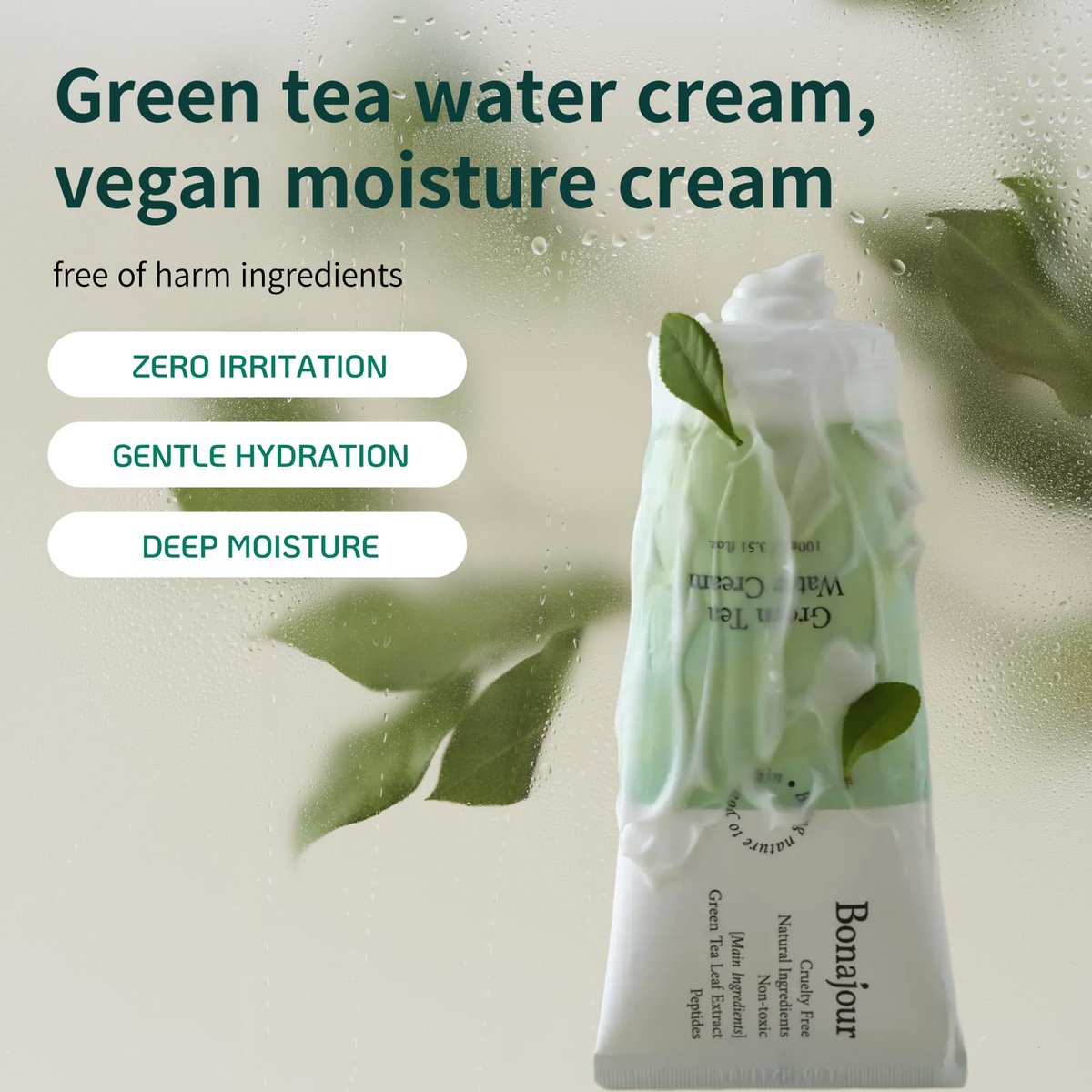 BONAJOUR Green Tea Water Cream - Vegan Moisturizing Facial Gel Cream for Sensitive Skin, Daily Hydrating Water Bomb Moisturizer, 3.38 Fl Oz Avelisse