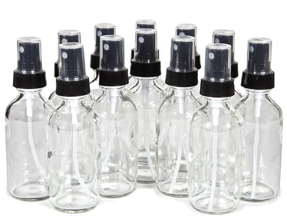 Vivaplex 12 Pack 2 oz Clear Glass Spray Bottles with Black Fine Mist Sprayers