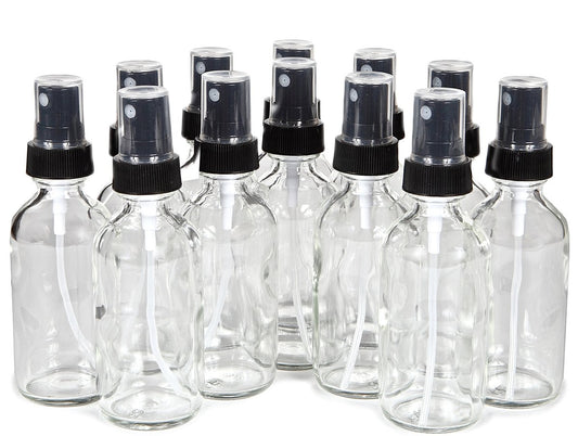 Vivaplex 12 Pack 2 oz Clear Glass Spray Bottles with Black Fine Mist Sprayers
