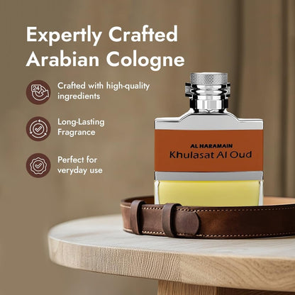Al Haramain Khulasat Al Oud - Long Lasting Arabian Oud Eau de Parfum for Men - 3.3 oz