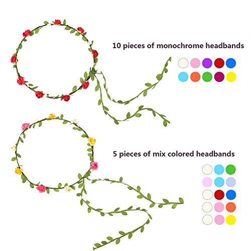 EBOOT Assorted Colored Flower Crown Wreath Headband Garland - 15 Pack Multicolor Floral Headpieces for Wedding, Festival, Vacation, Fairy Party & Photography Props - görsel 6
