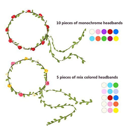 EBOOT Assorted Colored Flower Crown Wreath Headband Garland - 15 Pack Multicolor Floral Headpieces for Wedding, Festival, Vacation, Fairy Party & Photography Props