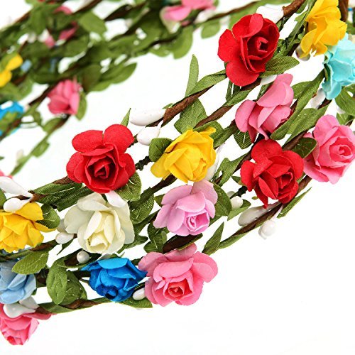 EBOOT Assorted Colored Flower Crown Wreath Headband Garland - 15 Pack Multicolor Floral Headpieces for Wedding, Festival, Vacation, Fairy Party & Photography Props - görsel 4