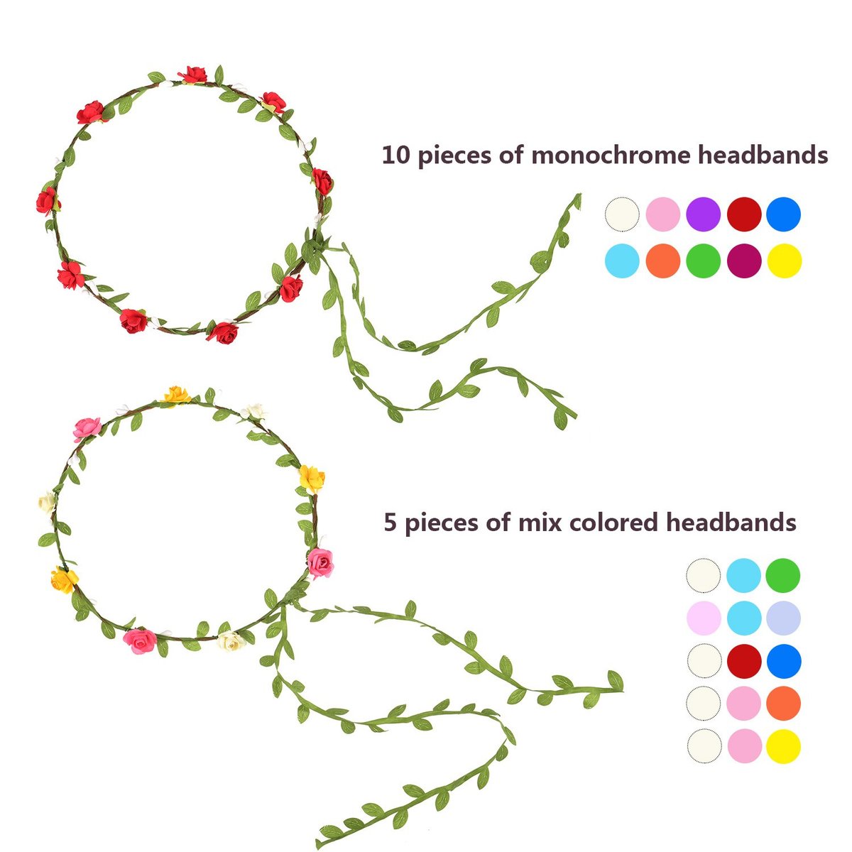 EBOOT Assorted Colored Flower Crown Wreath Headband Garland - 15 Pack Multicolor Floral Headpieces for Wedding, Festival, Vacation, Fairy Party & Photography Props - görsel 5