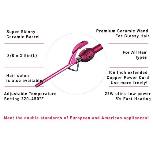 MBHAIR 9mm Thin Curling Wand - Professional 3/8 Inch Small Barrel Curling Iron for Short & Long Hair, Pink Avelisse