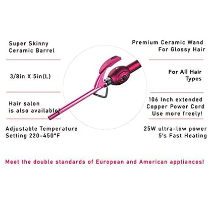 MBHAIR 9mm Thin Curling Wand - Professional 3/8 Inch Small Barrel Curling Iron for Short & Long Hair, Pink Avelisse