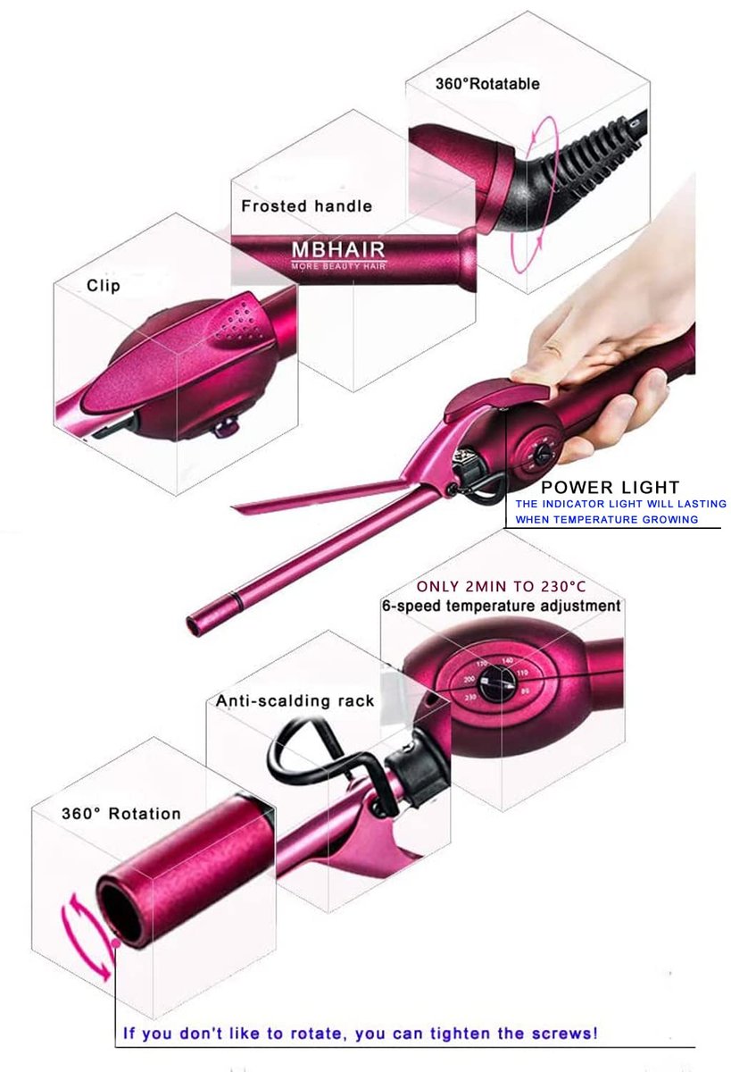 MBHAIR 9mm Thin Curling Wand - Professional 3/8 Inch Small Barrel Curling Iron for Short & Long Hair, Pink Avelisse