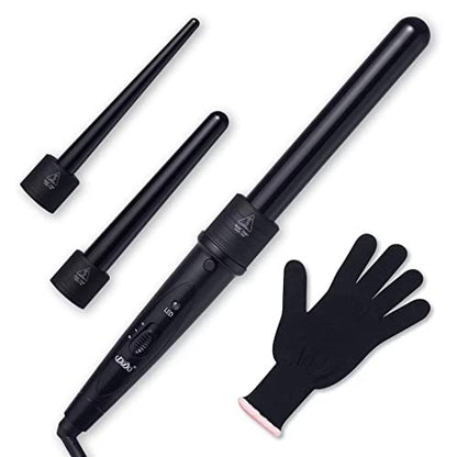 iMissiu Tourmaline 3 in 1 Curling Wand Set - Interchangeable Ceramic Barrels with Heat Resistant Glove, Black Avelisse