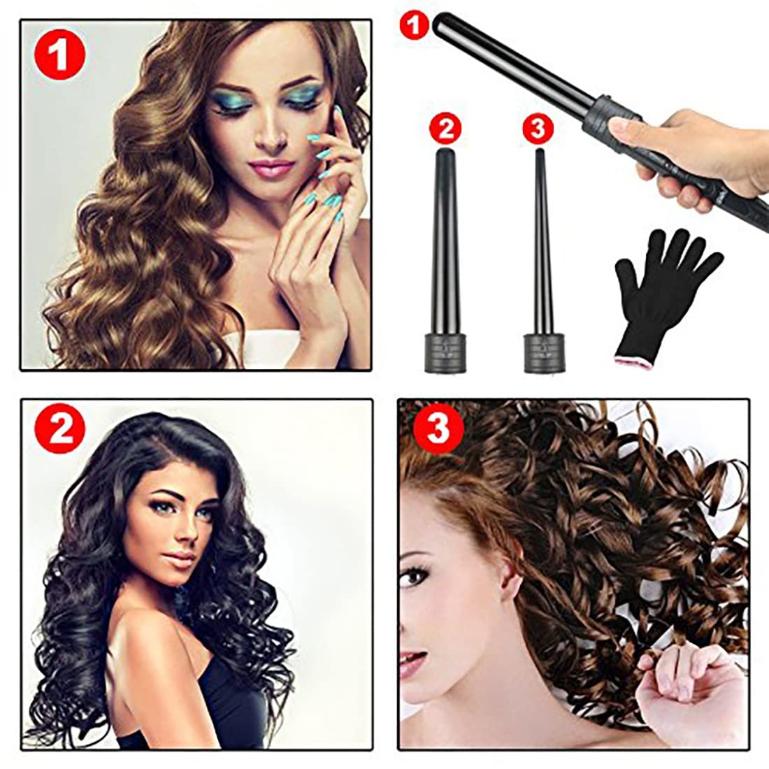 iMissiu Tourmaline 3 in 1 Curling Wand Set - Interchangeable Ceramic Barrels with Heat Resistant Glove, Black Avelisse