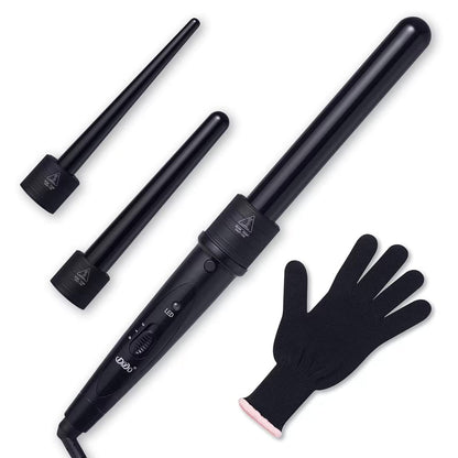 iMissiu Tourmaline 3 in 1 Curling Wand Set - Interchangeable Ceramic Barrels with Heat Resistant Glove, Black Avelisse