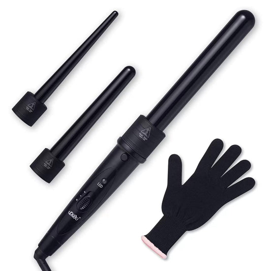 iMissiu Tourmaline 3 in 1 Curling Wand Set - Interchangeable Ceramic Barrels with Heat Resistant Glove, Black Avelisse
