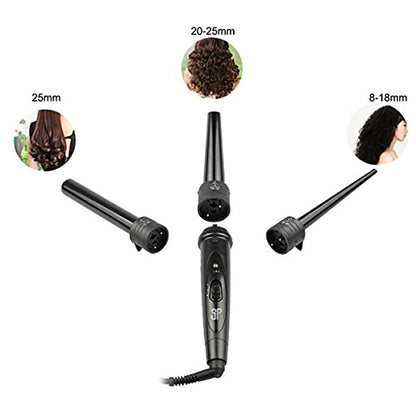 iMissiu Tourmaline 3 in 1 Curling Wand Set - Interchangeable Ceramic Barrels with Heat Resistant Glove, Black Avelisse