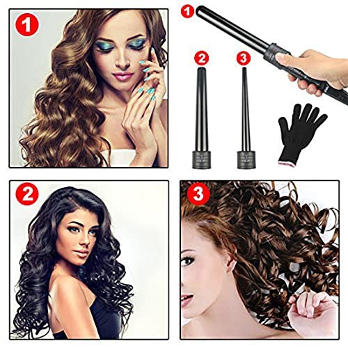 iMissiu Tourmaline 3 in 1 Curling Wand Set - Interchangeable Ceramic Barrels with Heat Resistant Glove, Black Avelisse