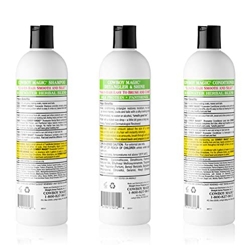 Cowboy Magic Shampoo + Conditioner + Detangler & Shine 16 oz Each – With Silk Panthenol & Honey – for Horses, Humans & Dogs – Silky Coats & Hair Avelisse