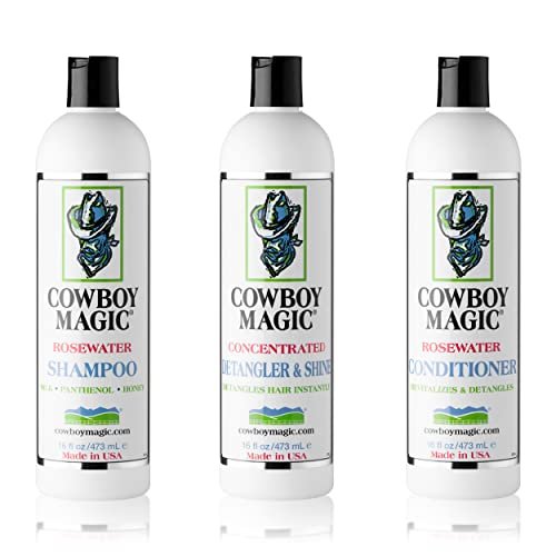 Cowboy Magic Shampoo + Conditioner + Detangler & Shine 16 oz Each – With Silk Panthenol & Honey – for Horses, Humans & Dogs – Silky Coats & Hair Avelisse