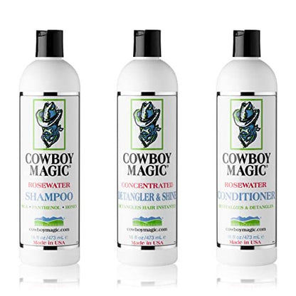 Cowboy Magic Shampoo + Conditioner + Detangler & Shine 16 oz Each – With Silk Panthenol & Honey – for Horses, Humans & Dogs – Silky Coats & Hair Avelisse