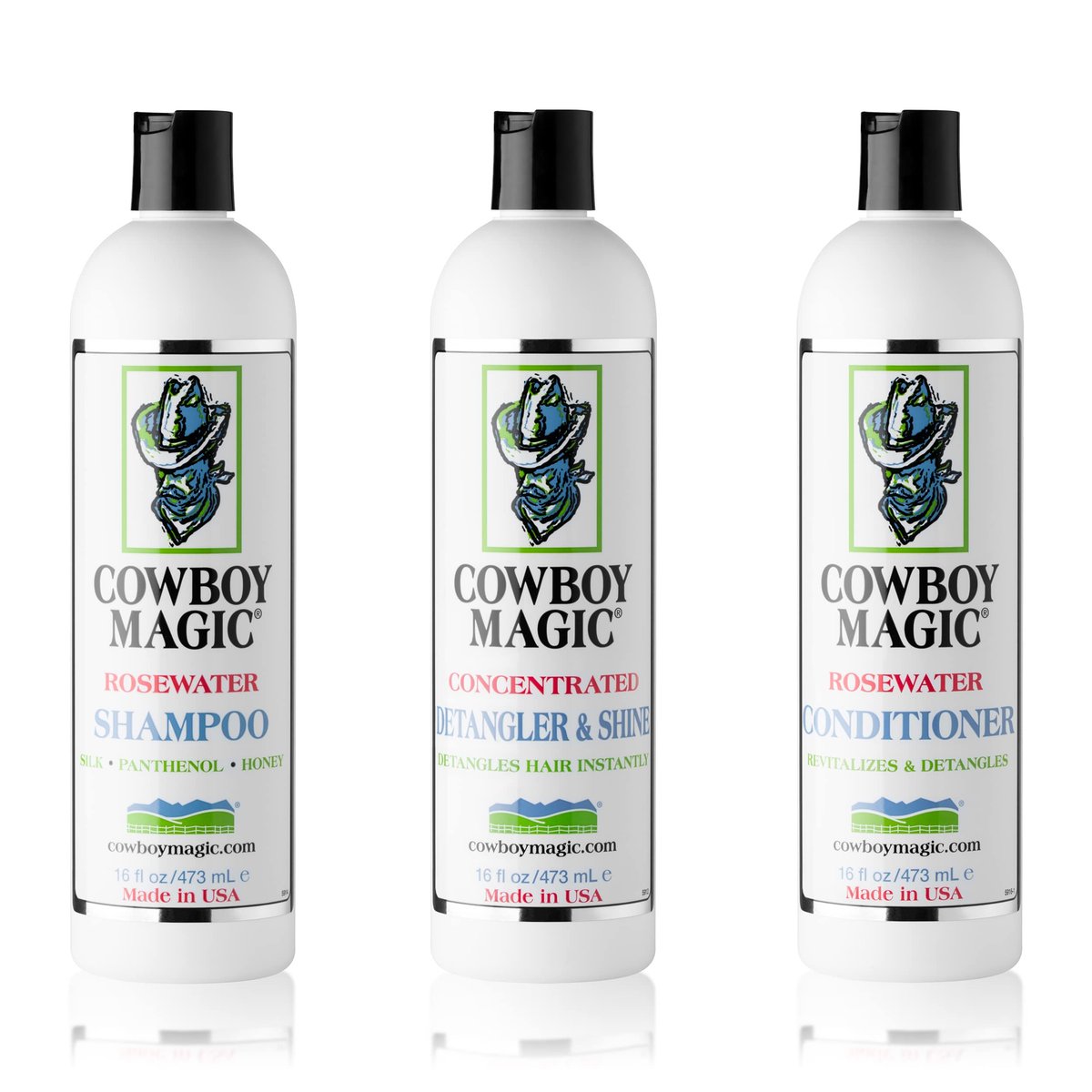 Cowboy Magic Shampoo + Conditioner + Detangler & Shine 16 oz Each – With Silk Panthenol & Honey – for Horses, Humans & Dogs – Silky Coats & Hair Avelisse