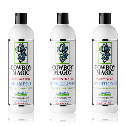 Cowboy Magic Shampoo + Conditioner + Detangler & Shine 16 oz Each – With Silk Panthenol & Honey – for Horses, Humans & Dogs – Silky Coats & Hair Avelisse