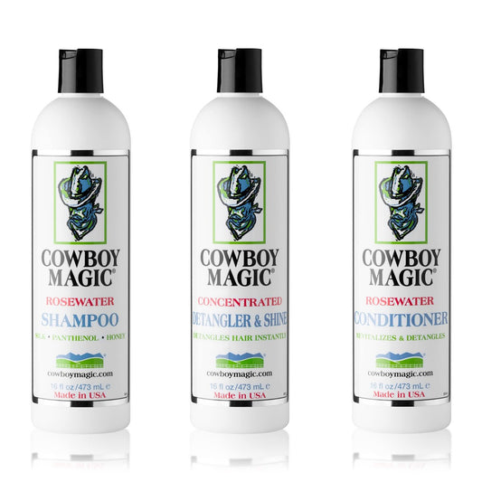 Cowboy Magic Shampoo + Conditioner + Detangler & Shine 16 oz Each – With Silk Panthenol & Honey – for Horses, Humans & Dogs – Silky Coats & Hair Avelisse