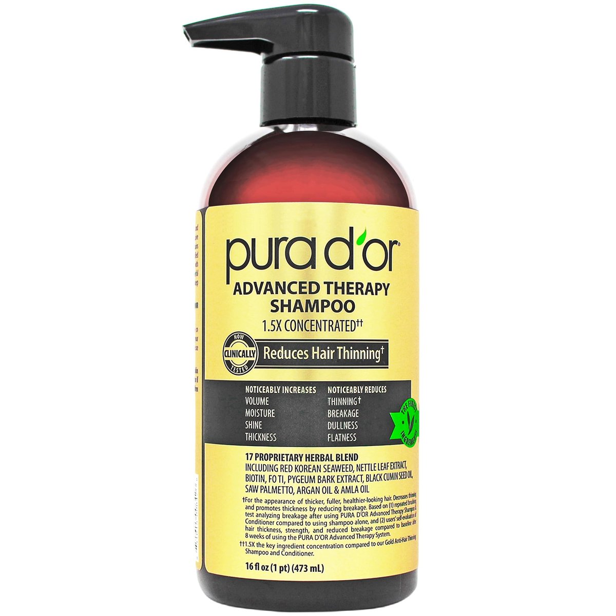 PURA D'OR Advanced Therapy Shampoo 16 oz - Reduces Hair Thinning & Increases Volume, Biotin & Argan Oil Infused, Sulfate-Free for All Hair Types Avelisse