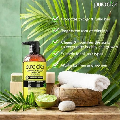 PURA D'OR Advanced Therapy Shampoo 16 oz - Reduces Hair Thinning & Increases Volume, Biotin & Argan Oil Infused, Sulfate-Free for All Hair Types Avelisse