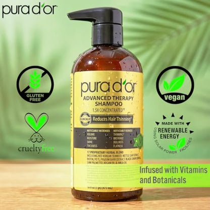 PURA D'OR Advanced Therapy Shampoo 16 oz - Reduces Hair Thinning & Increases Volume, Biotin & Argan Oil Infused, Sulfate-Free for All Hair Types Avelisse