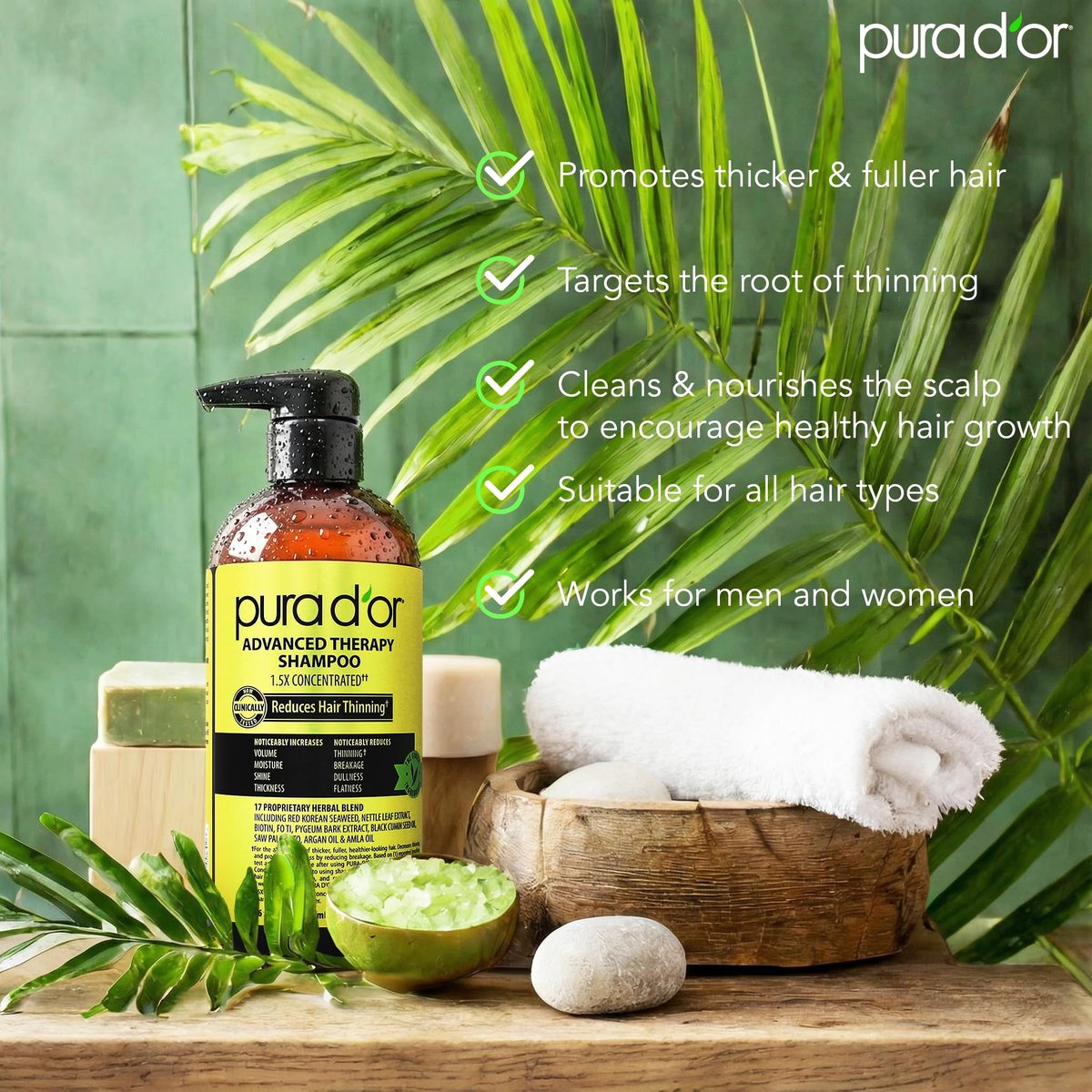PURA D'OR Advanced Therapy Shampoo 16 oz - Reduces Hair Thinning & Increases Volume, Biotin & Argan Oil Infused, Sulfate-Free for All Hair Types Avelisse