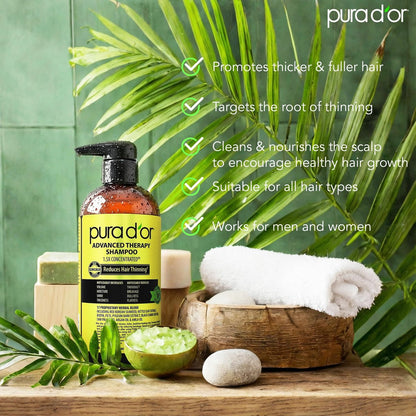 PURA D'OR Advanced Therapy Shampoo 16 oz - Reduces Hair Thinning & Increases Volume, Biotin & Argan Oil Infused, Sulfate-Free for All Hair Types Avelisse