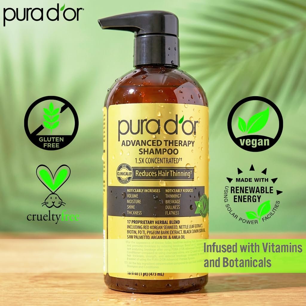 PURA D'OR Advanced Therapy Shampoo 16 oz - Reduces Hair Thinning & Increases Volume, Biotin & Argan Oil Infused, Sulfate-Free for All Hair Types Avelisse