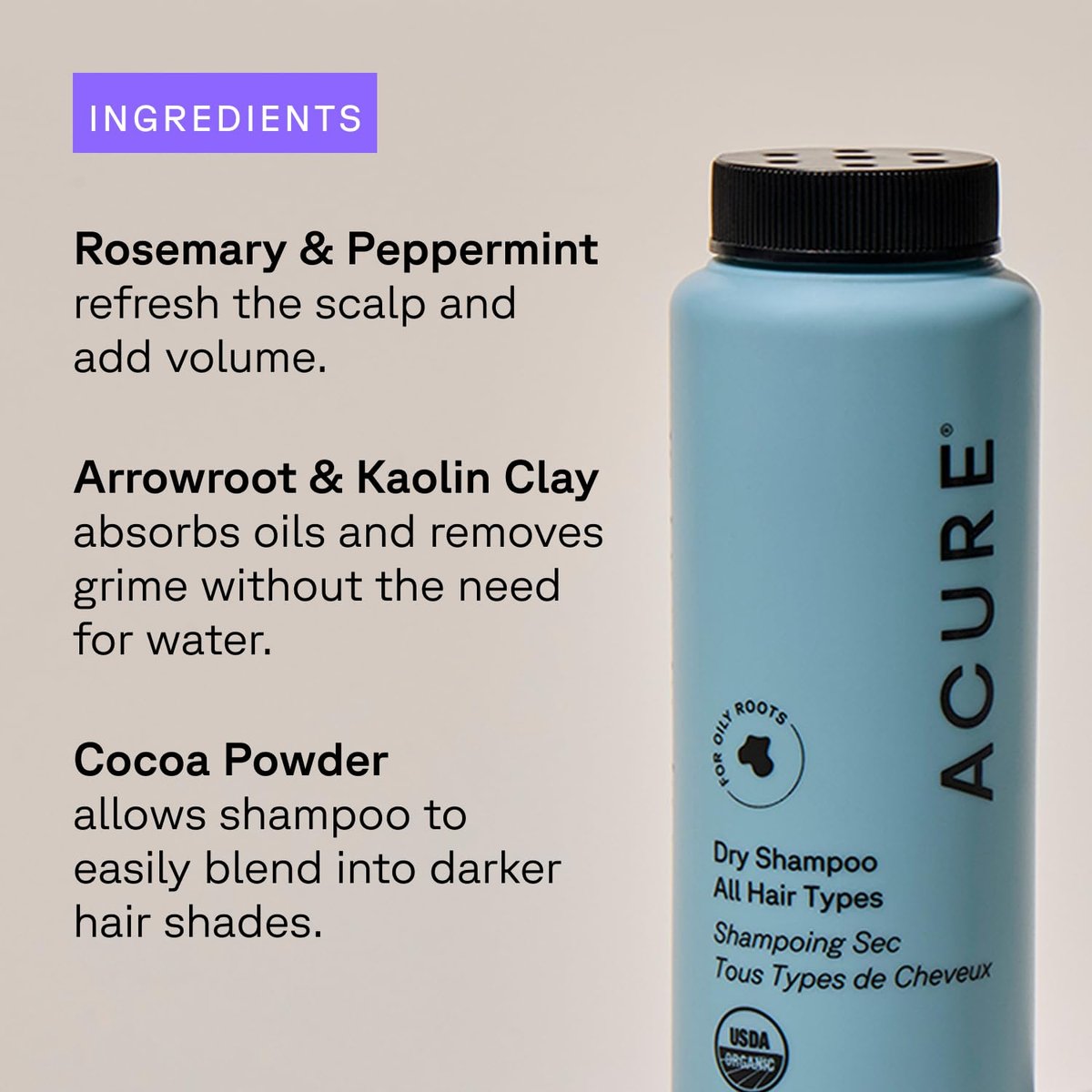 Acure Dry Shampoo Mini - Tinted Dry Shampoo for Blonde & Dark Hair, Non-Aerosol with Rosemary & Peppermint, 1.7 oz Travel Size Avelisse