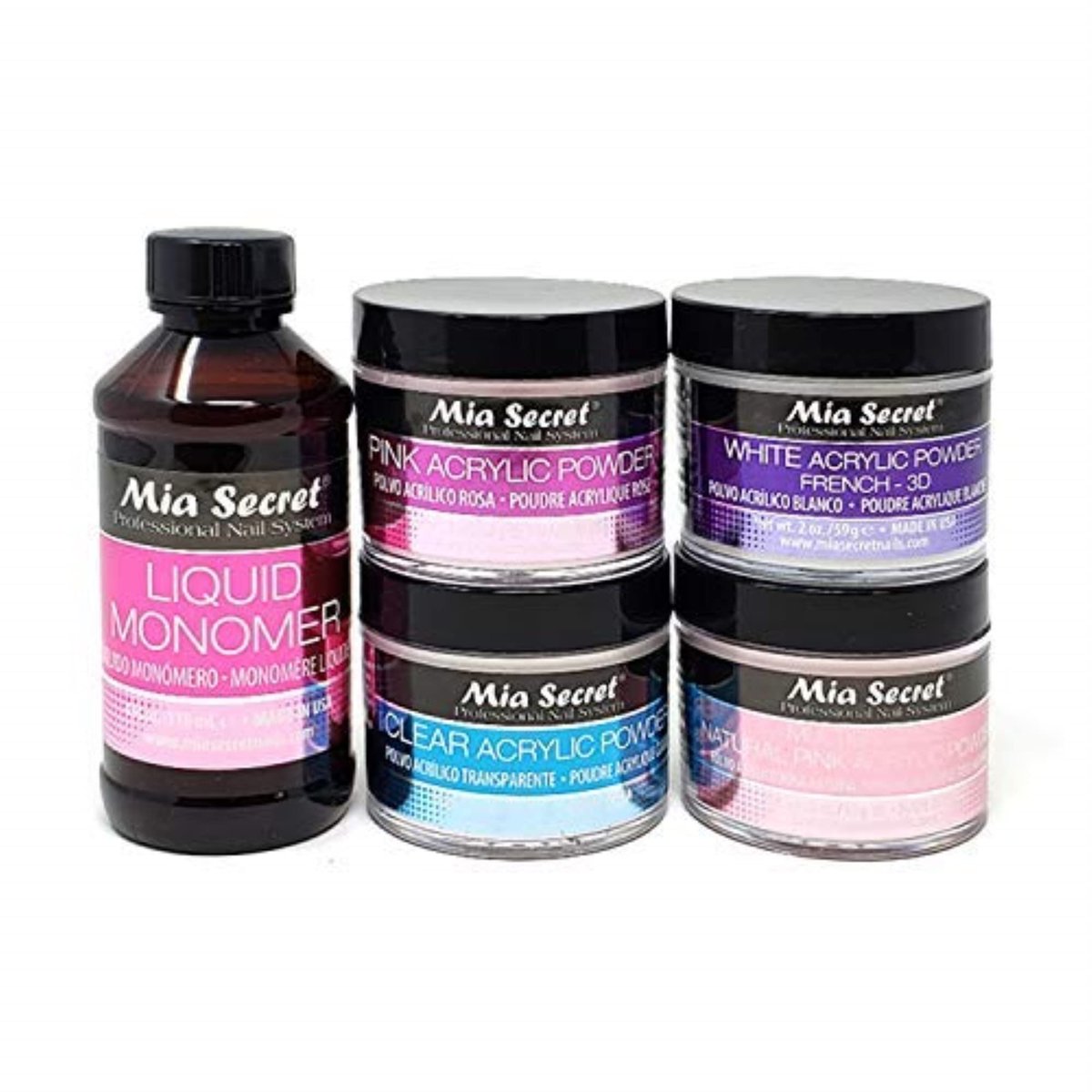 Mia Secret 4 oz Liquid Monomer & Acrylic Powder Set - Pink, Clear, White & Natural 2 oz Each Avelisse